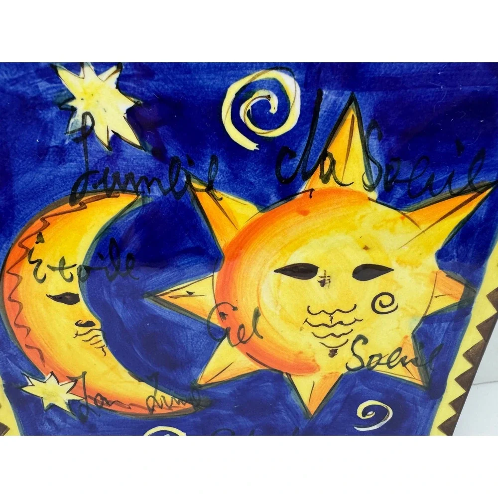 HausenWare Celestial Sun Moon Ceramic Wall Plaque 8x8 Blue Yellow Star Tile